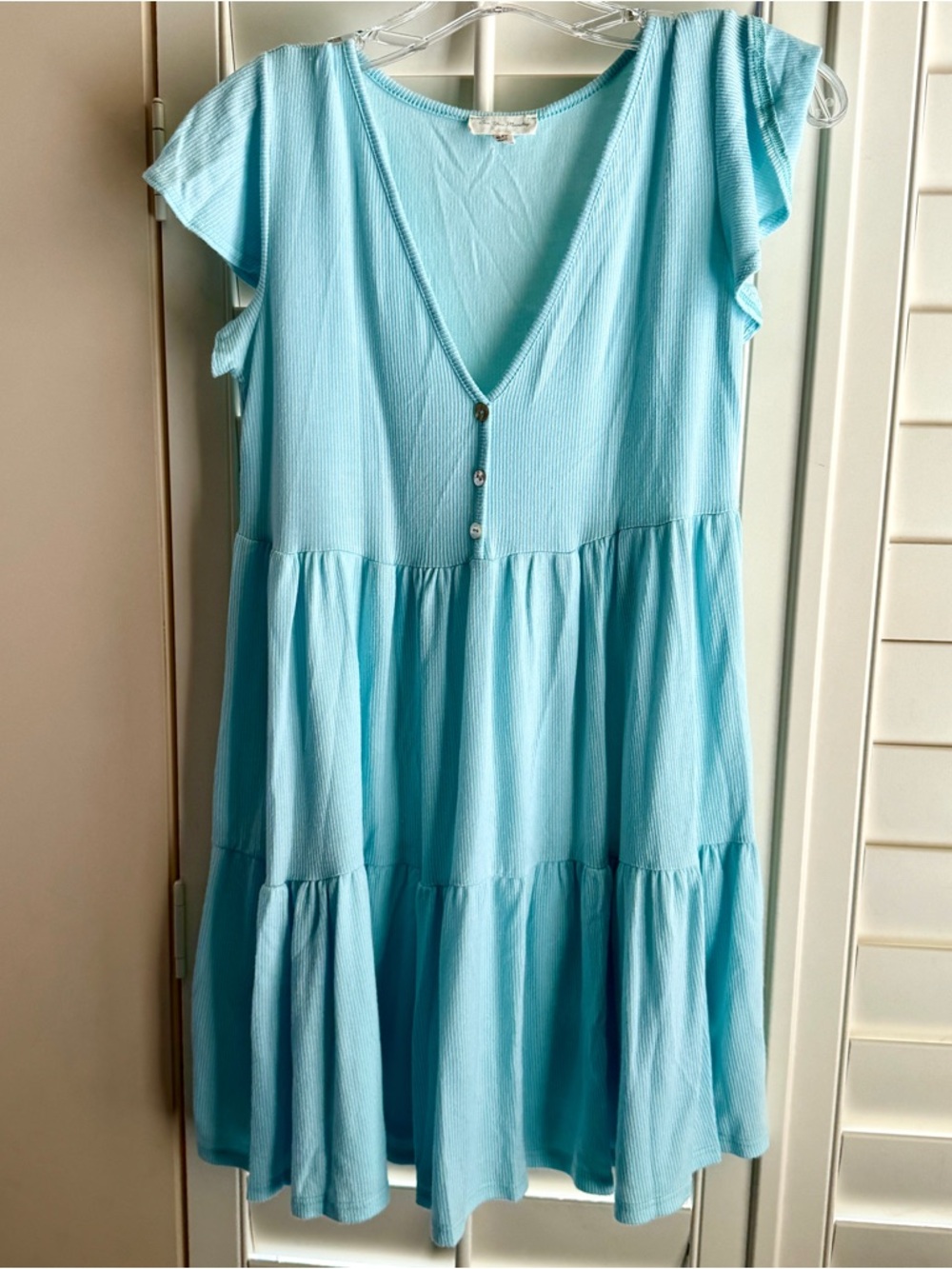 See You Monday Blue Tiered Babydoll Dress Boho Cottagecore Flutter Sleeve L